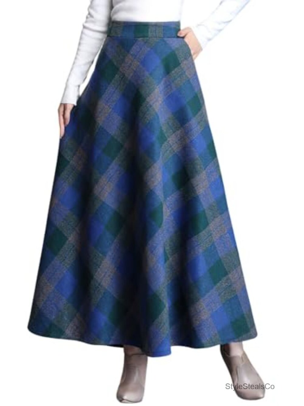 Wool Plaid High Waist A-Line Pleated Maxi Skirt with Pockets